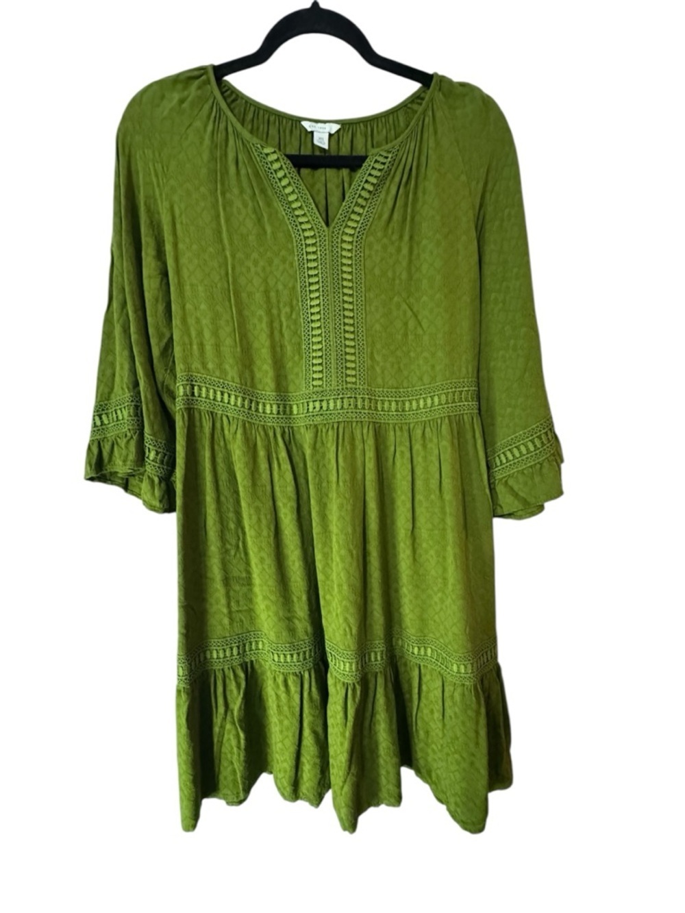 C Est 1946 Olive Green Boho Babydoll Dress XS Tiered Lace Trim Rayon
